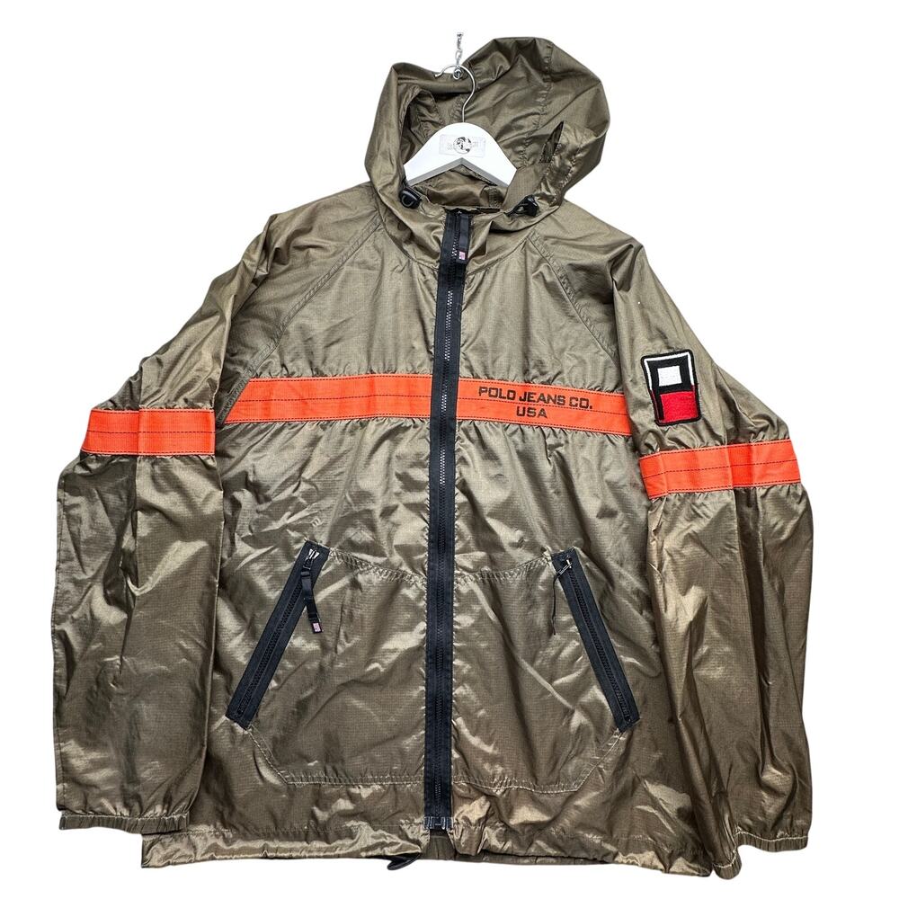 Vintage Polo Jeans Ralph Lauren Ripstop Orange Windbreaker Hooded Jacket Large